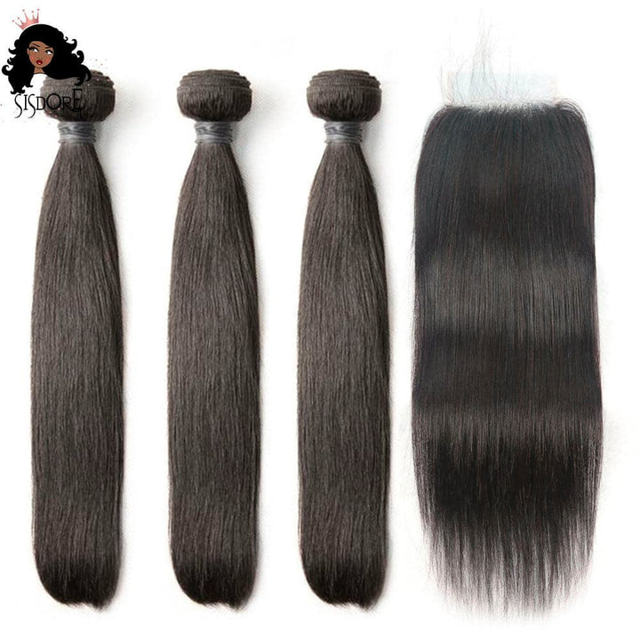 Straight black Brazilian virgin hair weaves 3 bundles with 4x4 lace closure