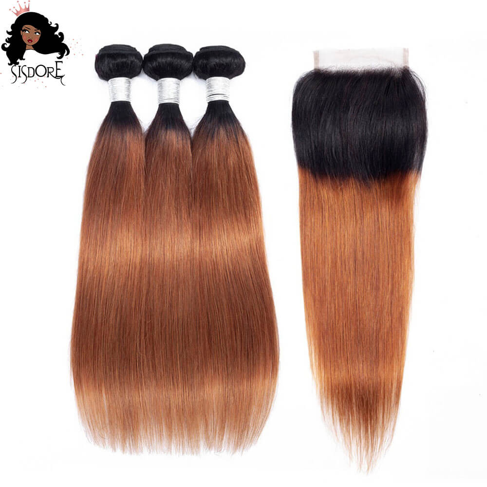 T1B/30 Medium Auburn Brown With Black Roots Ombre Straight Hair Weaves 3 Bundles With Closure
