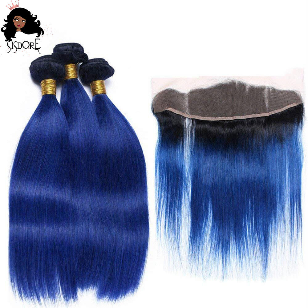 T1B Blue Ombre Straight Hair Bundles with Lace Frontal