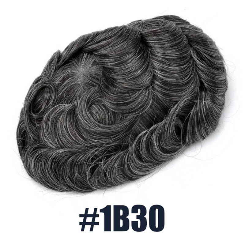 Off Black Hair Mixed with 30% White Color Toupee For Men V-Loop Thin Skin Wig Short Hair Replacement System