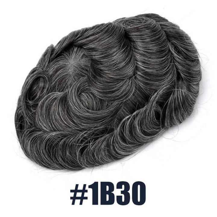 Off Black Hair Mixed with 30% White Color Toupee For Men V-Loop Thin Skin Wig Short Hair Replacement System