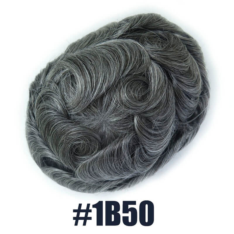 Off Black Hair Mixed with 50% White Color Toupee For Men V-Loop Thin Skin Wig Short Hair Replacement System