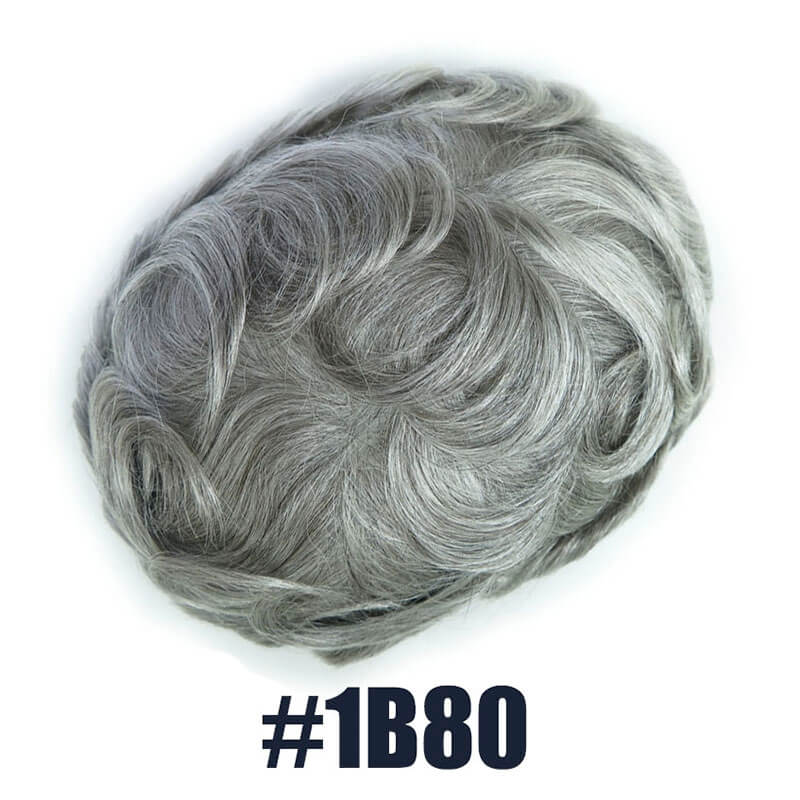 Off Black Hair Mixed with 80% White Color Toupee For Men V-Loop Thin Skin Wig Short Hair Replacement System