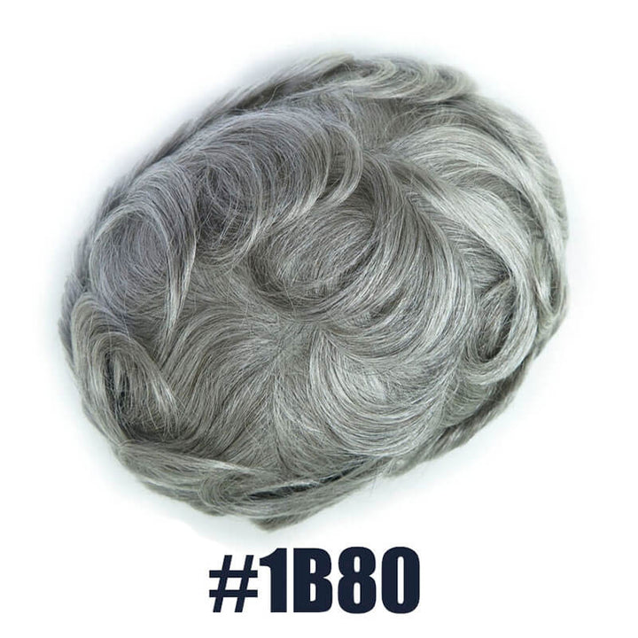 Off Black Hair Mixed with 80% White Color Toupee For Men V-Loop Thin Skin Wig Short Hair Replacement System