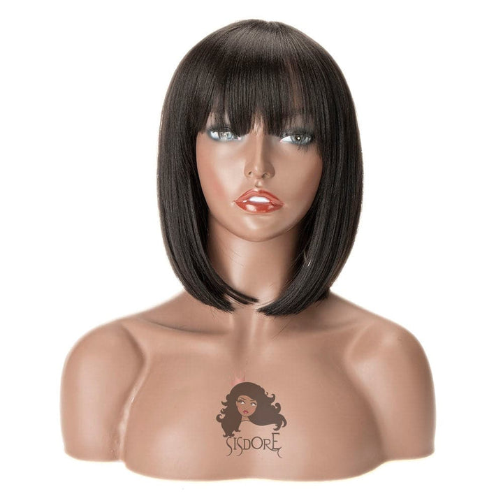 black straight human hair HD lace bob wig with bangs 10 inch