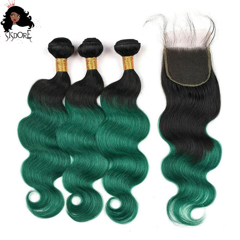 dark emerald green hair two tone body wave bundles with 4x4 lace closure