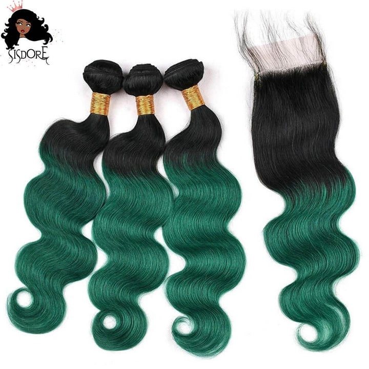 emerald green ombre hair body wave bundles and lace closure