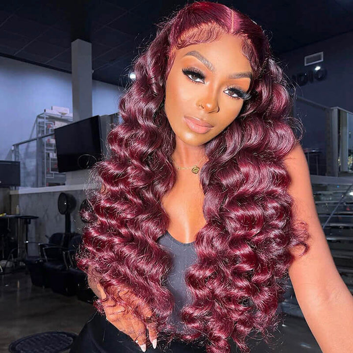 loose wave wigs, 99j burgundy hair lace front wig