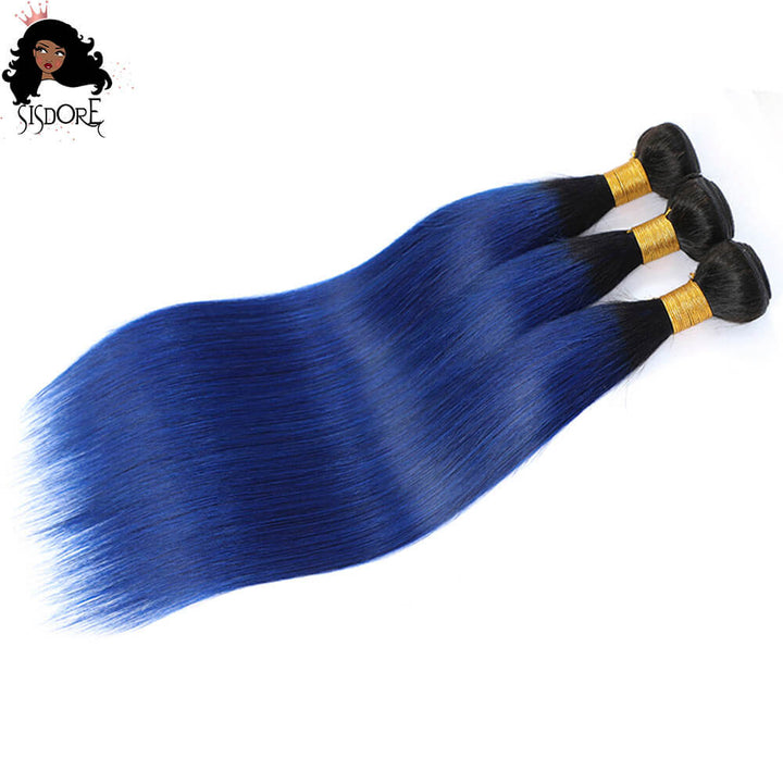 two tone blue with black roots straight hair
