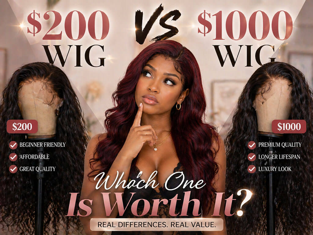 woman comparing $200 vs $1000 wig thinking which wig is worth it human hair wig price comparison