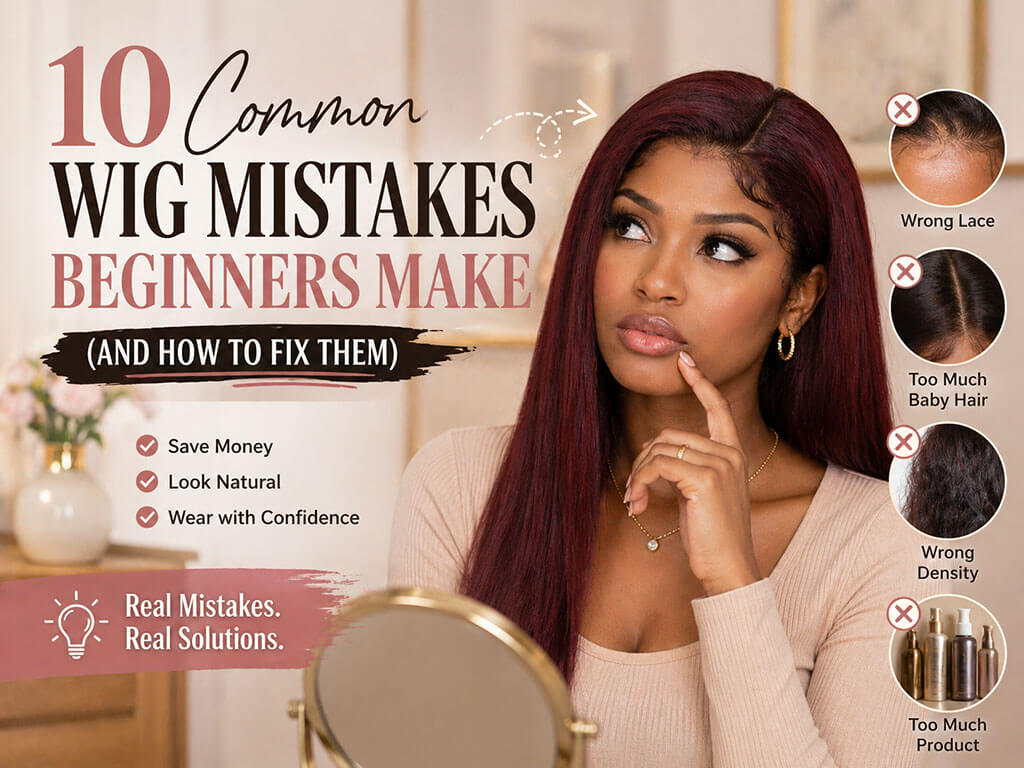 beginner wig mistakes showing unnatural lace, too much baby hair, wrong density and product buildup on human hair wig