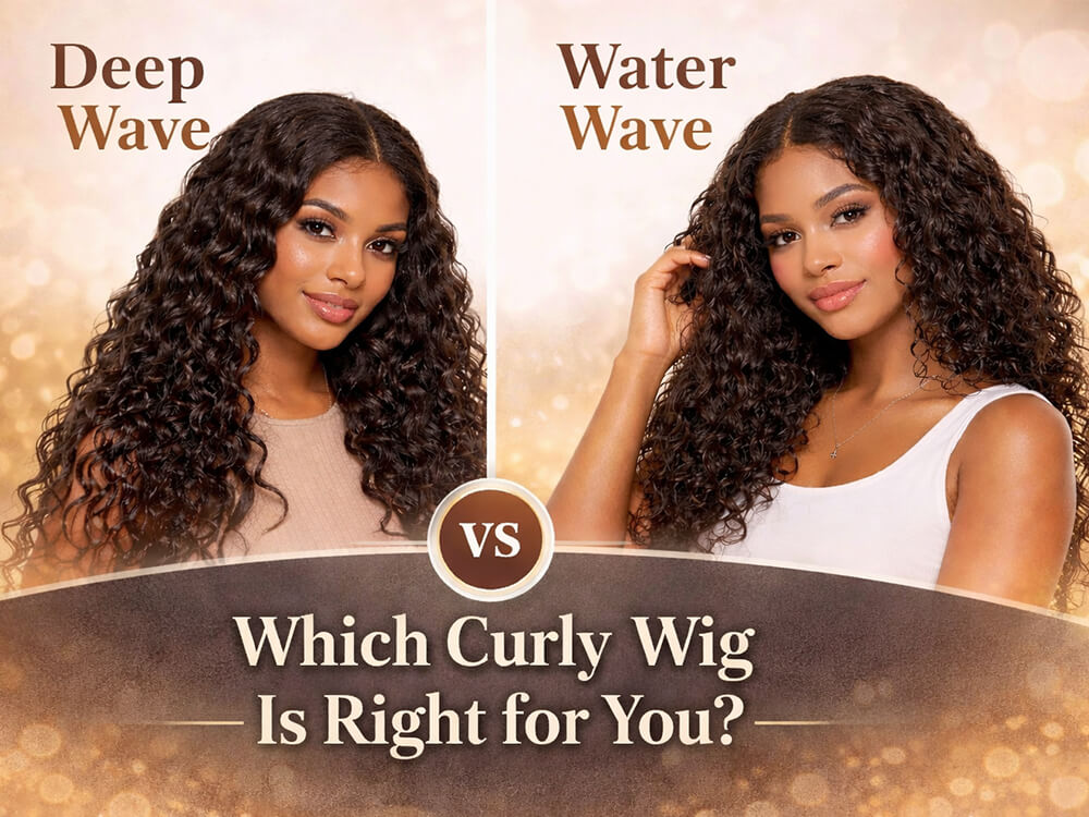 Deep wave vs water wave wig texture comparison showing tight defined curls versus loose wet-look waves on lace wigs
