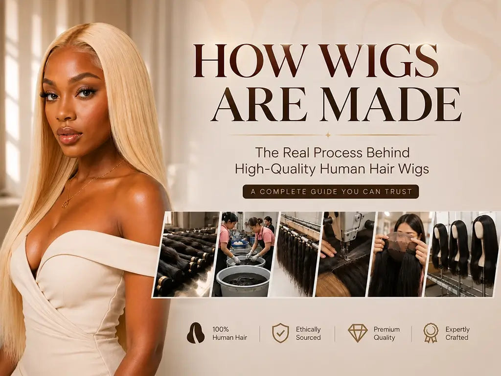 Model wearing a human hair lace wig with factory wig production process showing how lace wigs are made
