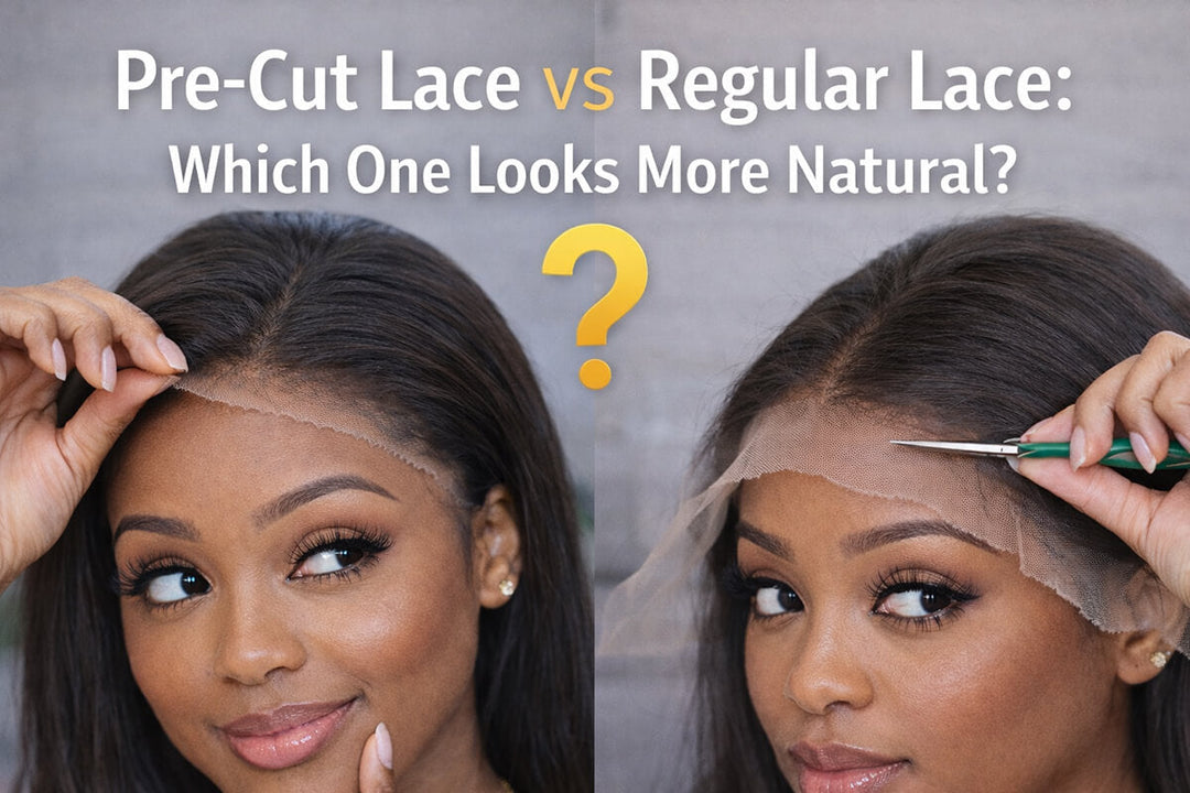 Two women wearing lace front wigs comparing pre-cut zig-zag lace edge vs uncut regular lace before trimming