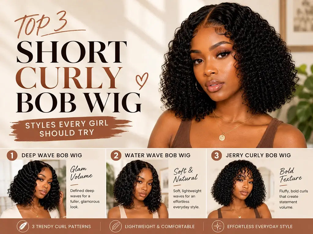 stylish woman wearing trendy short curly bob wigs including deep wave water wave and Jerry curly styles