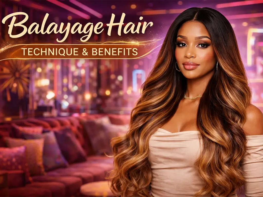 a young women wearing balayage hair with text "balayage hair technique & benefits" on a warm background