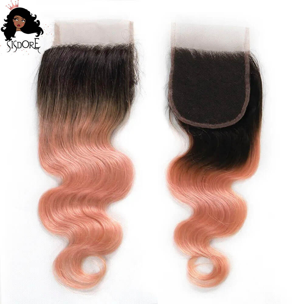 Rose Gold Body Wave Ombre Human Hair 4x4 Lace Closure With Dark Roots