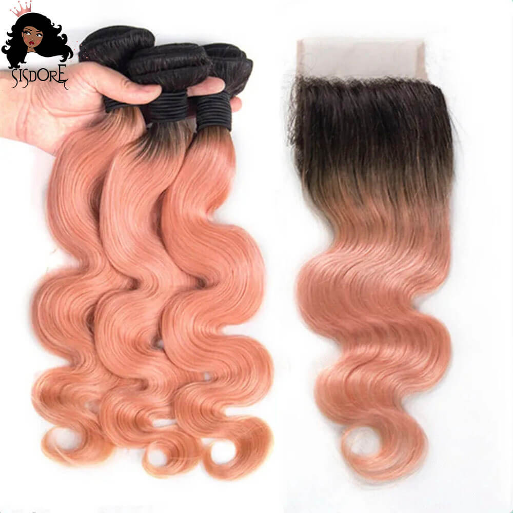 1B/Rose Gold Body Wave Ombre Human Hair Bundles With Lace Closure
