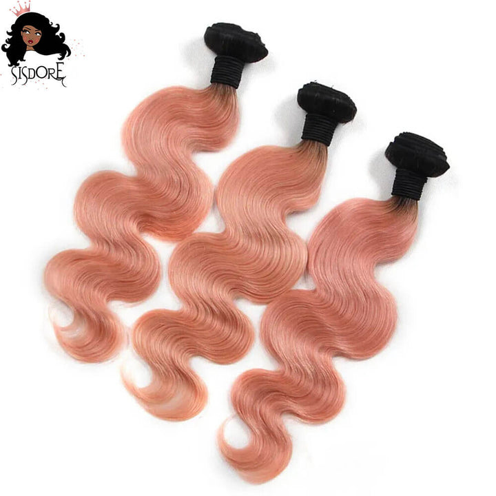Rose Gold Body Wave Ombre Human Hair Bundles With Dark Roots