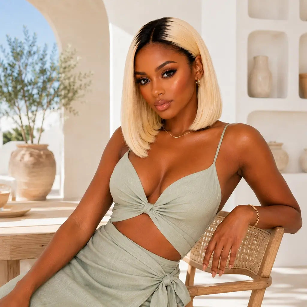 Black female model wearing 1B/613 short straight blonde bob wig with dark roots 