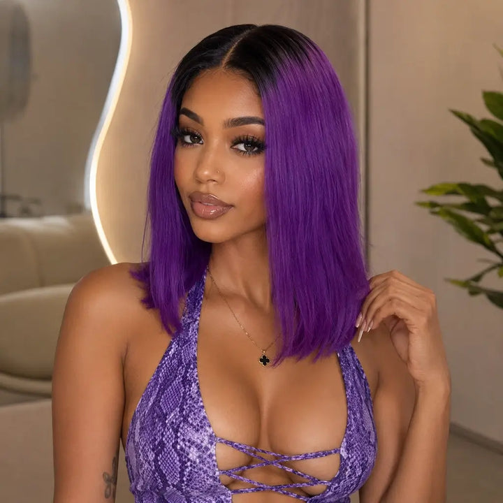 Black female model wearing a 1B purple straight bob wig with black roots. This short purple ombre human hair wig features a natural-looking 13x4 lace front, sleek straight texture, and realistic installed appearance.