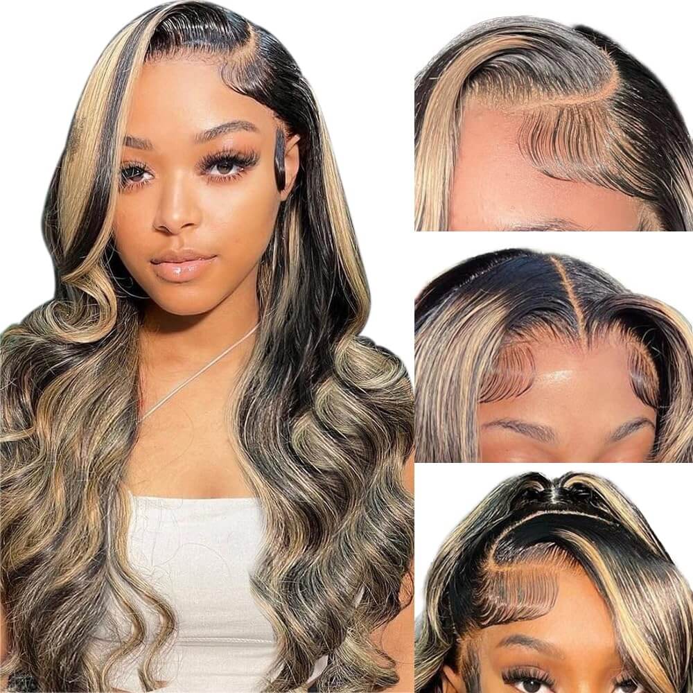Blonde highlights body wave hair lace front wig human hair 1b 27