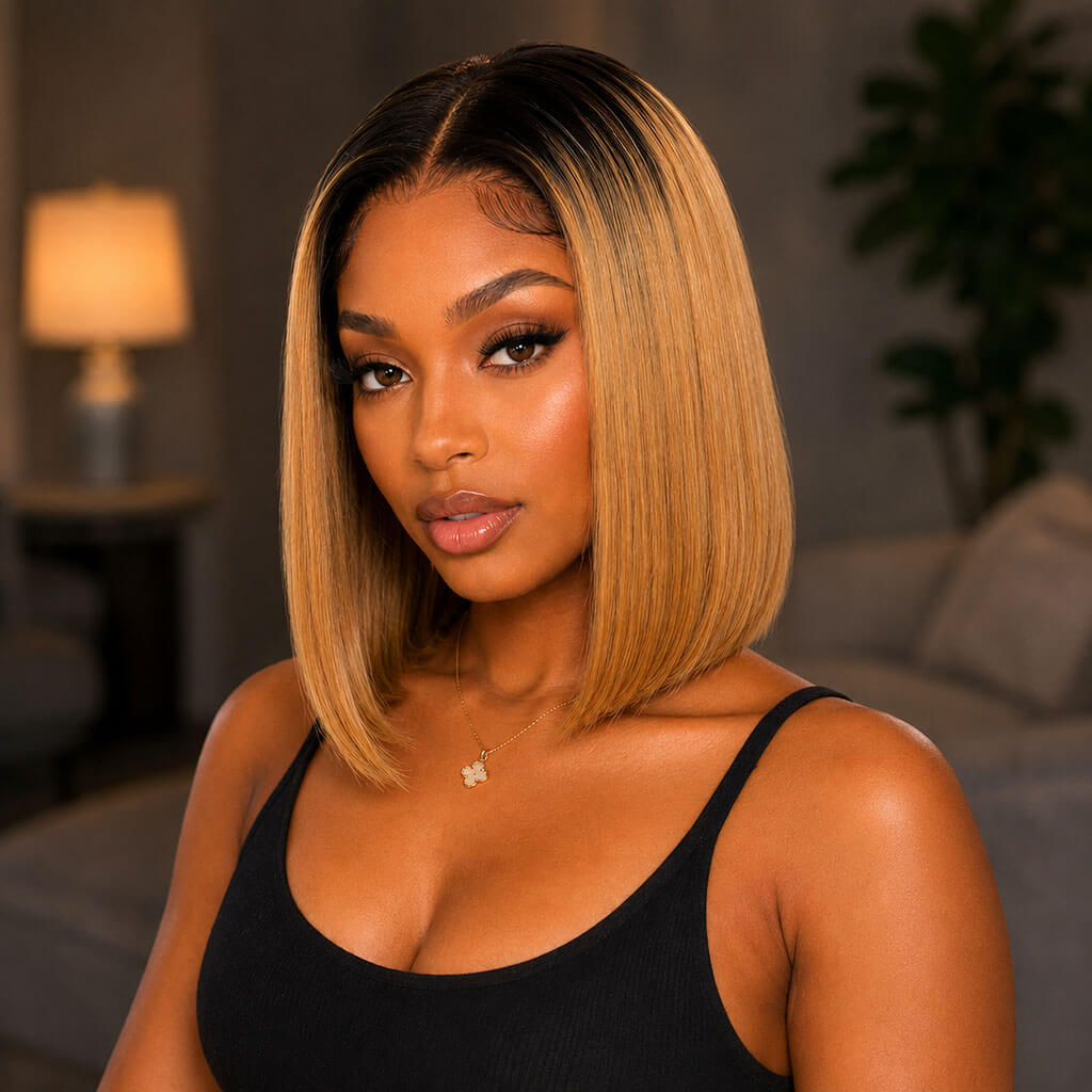Women wearing #1B/27 Honey Blonde Bob Wig with Black Roots