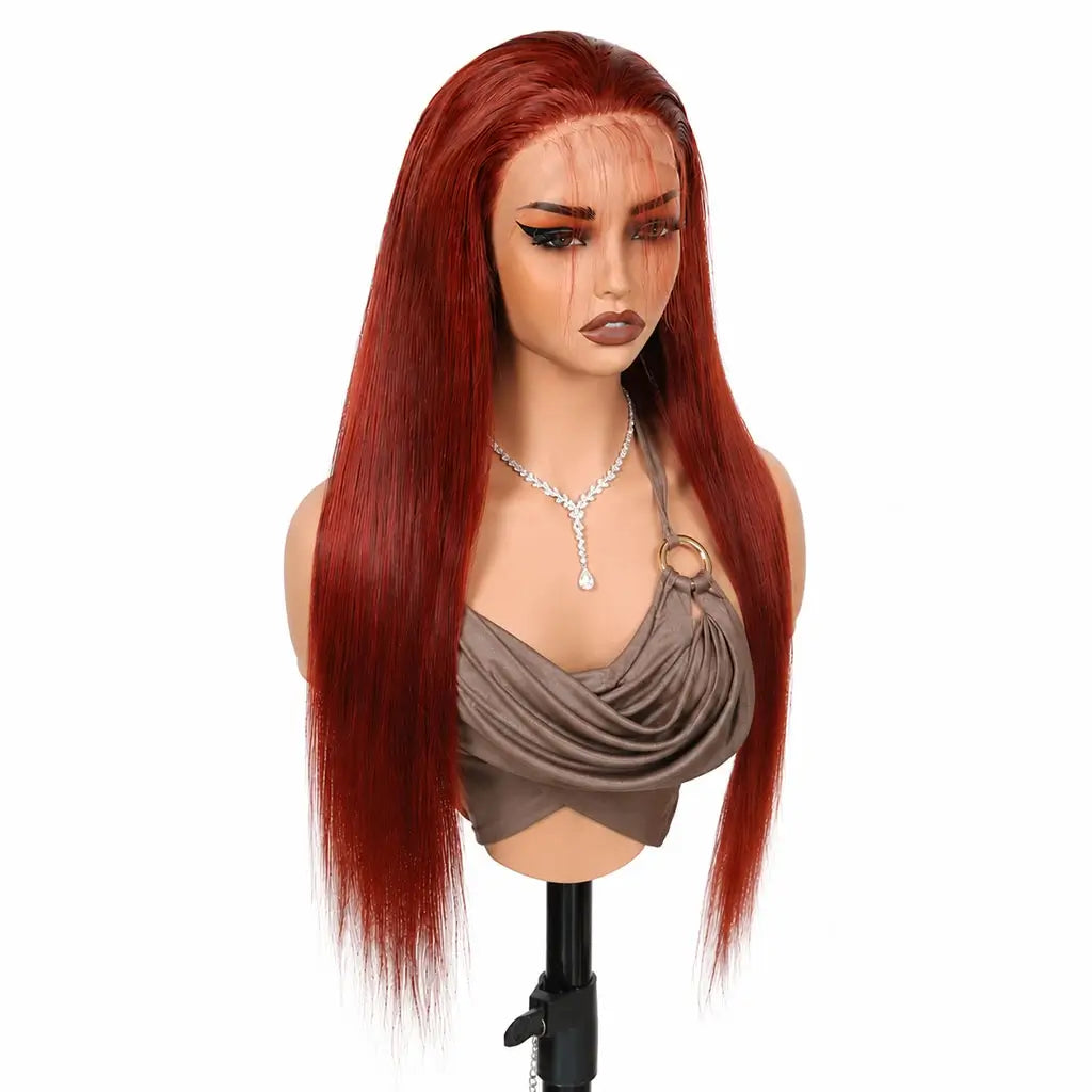 #33 reddish brown straight hair wig on a mannequin head