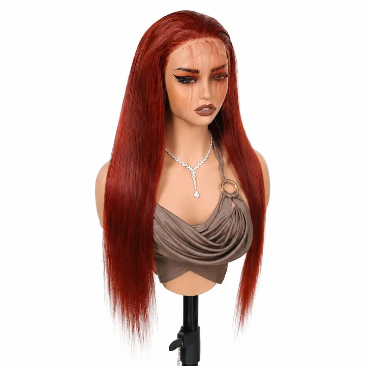 #33 reddish brown straight hair wig on a mannequin head