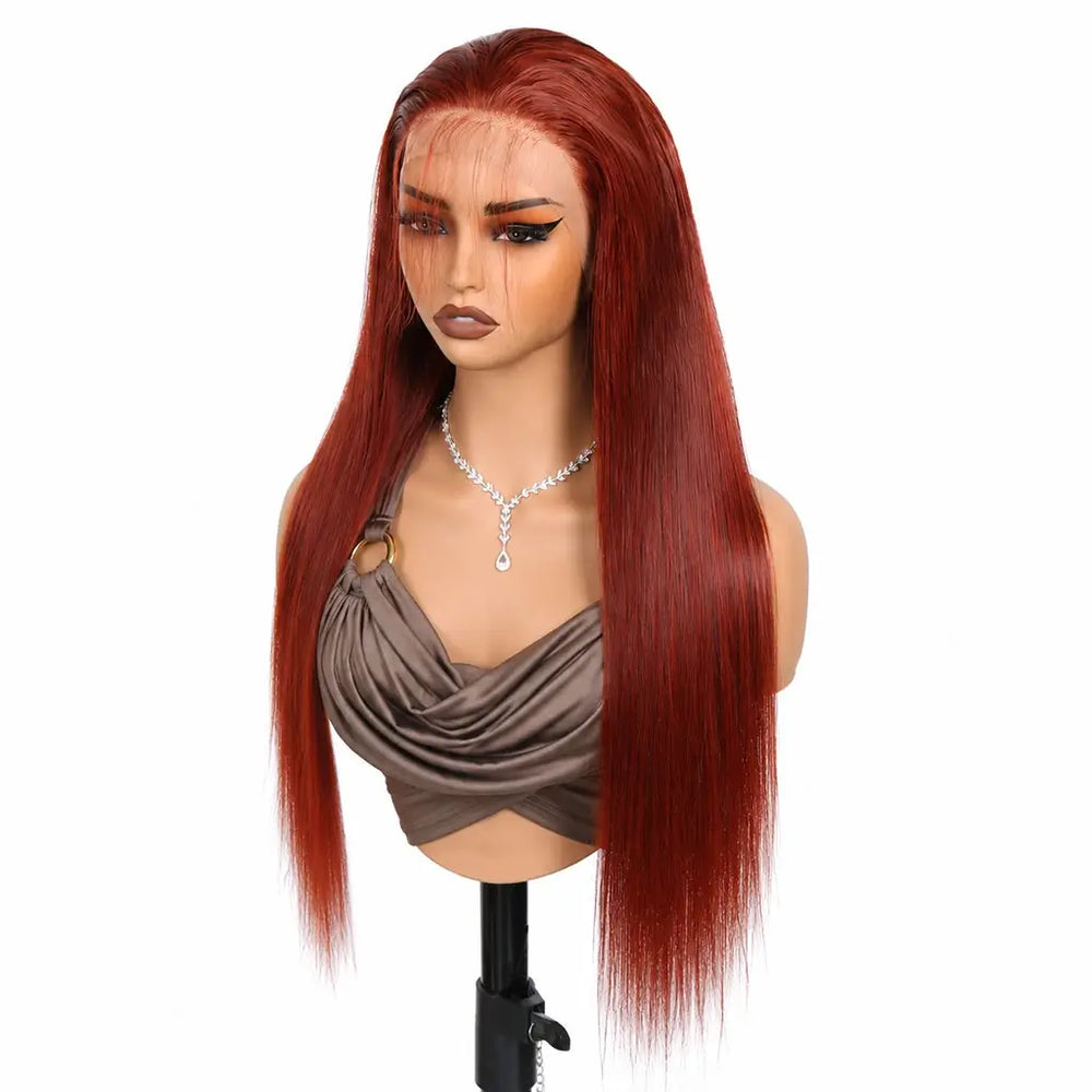 Reddish brown straight wig on a mannequin head with a white background (front view)