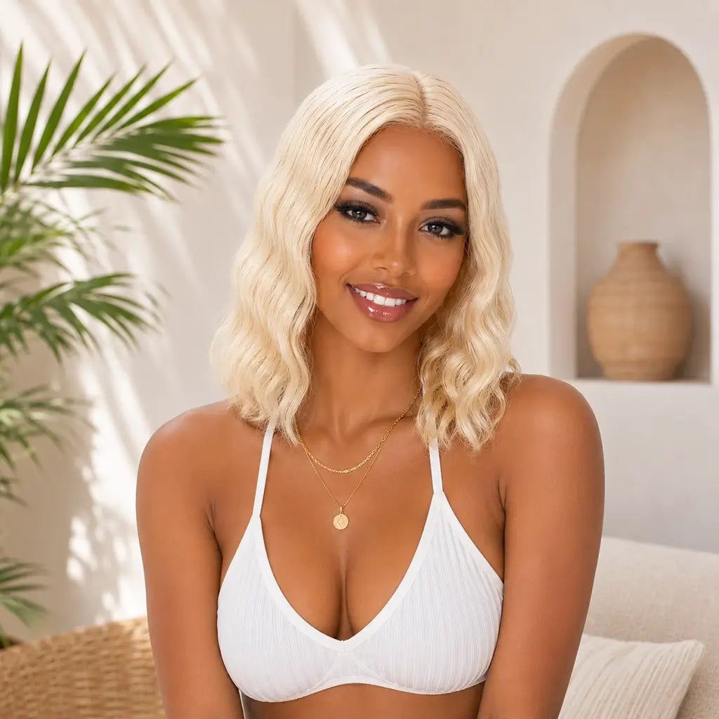 613 Blonde Wavy Bob Human Hair Lace Front Wig on Black Woman
