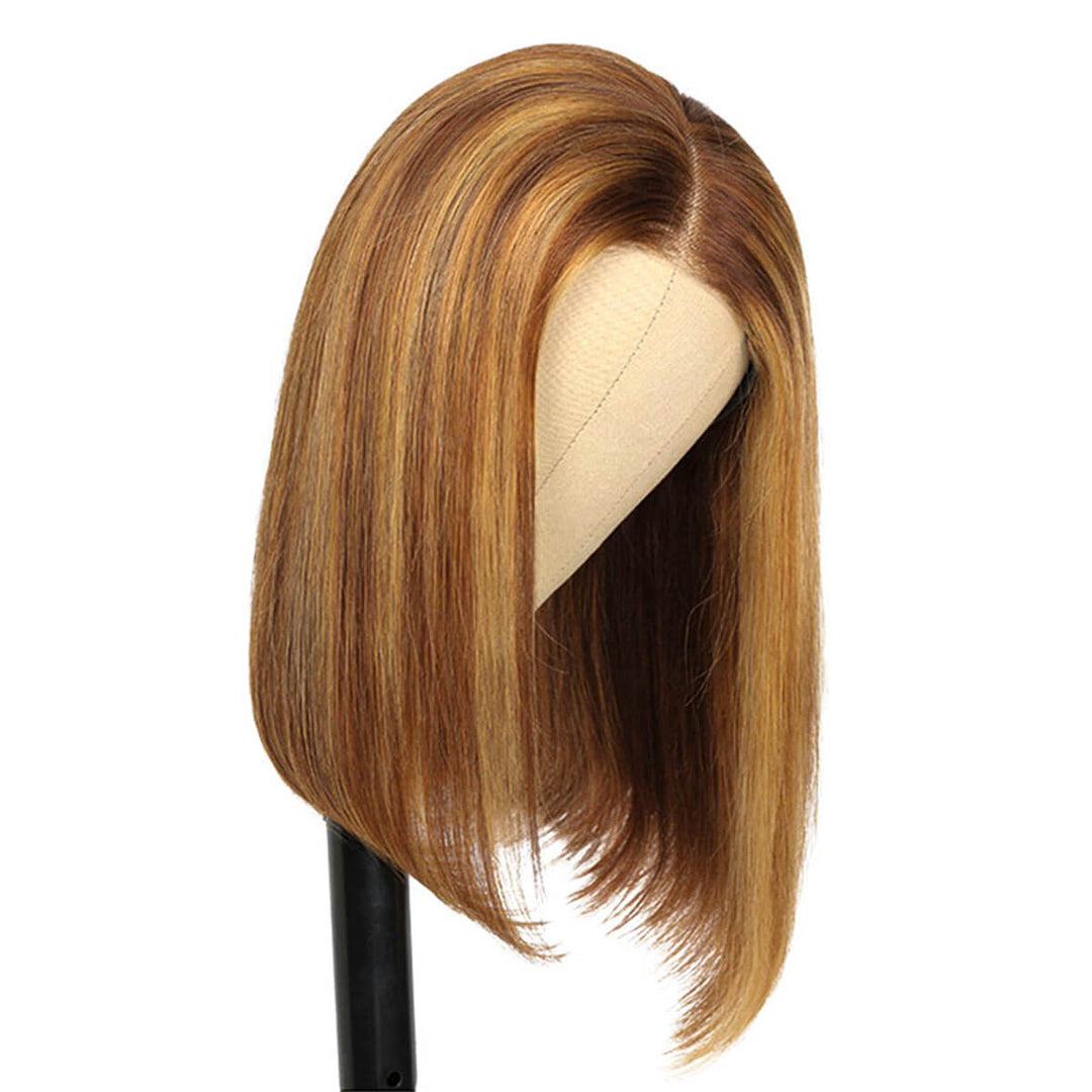 Brown Hair with Blonde Highlight Bob Wig, 5x5 HD Lace Pre Cut Put On and Go Glueless Wig