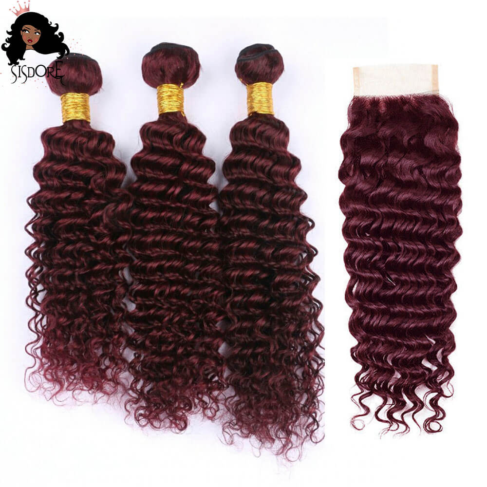 99j Deep Burgundy Color Deep Wave Hair Bundles, Dark Red Wine Colour Curly Human Hair 4x4 Lace Closure