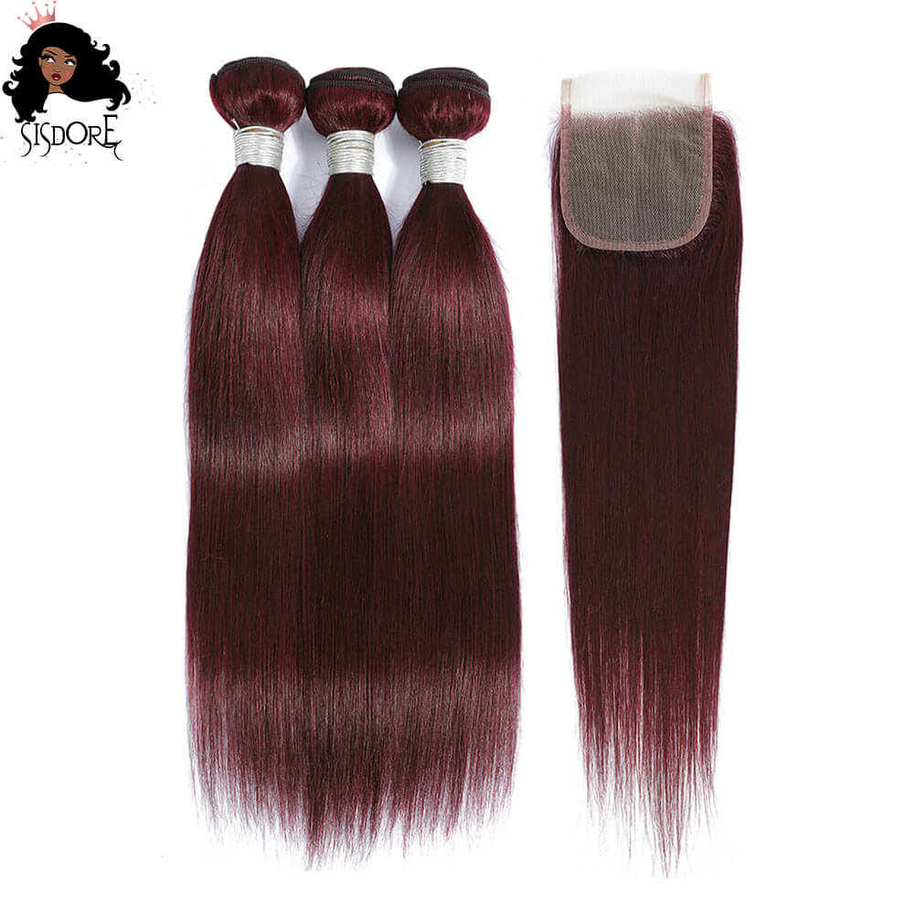 99j Deep Burgundy Color Hair Bundles, Dark Red Wine Colour Straight Human Hair 4x4 Lace Closure