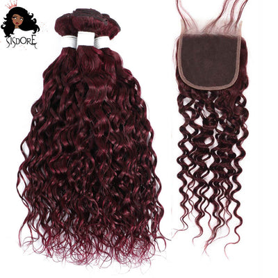 99j Deep Burgundy Color Water Wave Hair Bundles, Dark Red Wine Colour Curly Human Hair 4x4 Lace Closure