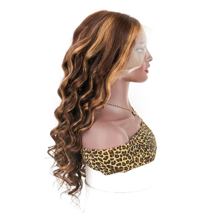 Brown with blonde highlights loose wave human hair lace frontal wig