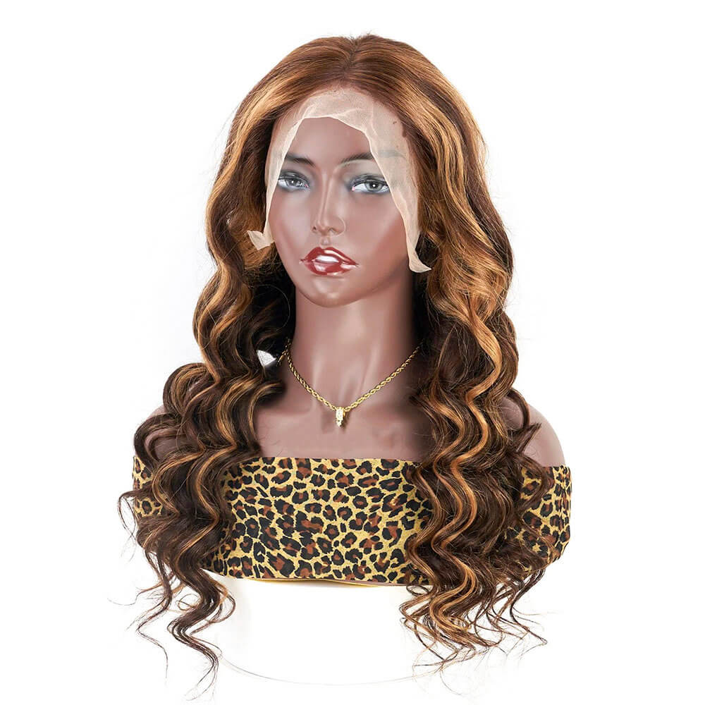 Brown with blonde highlights loose wave human hair lace frontal wig