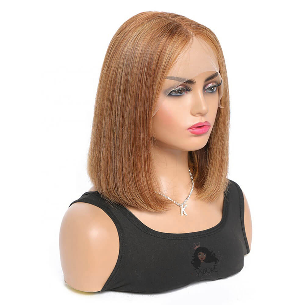 Highlight Bob Wigs, Short Straight Human Hair Lace Front Wig Color 4-27