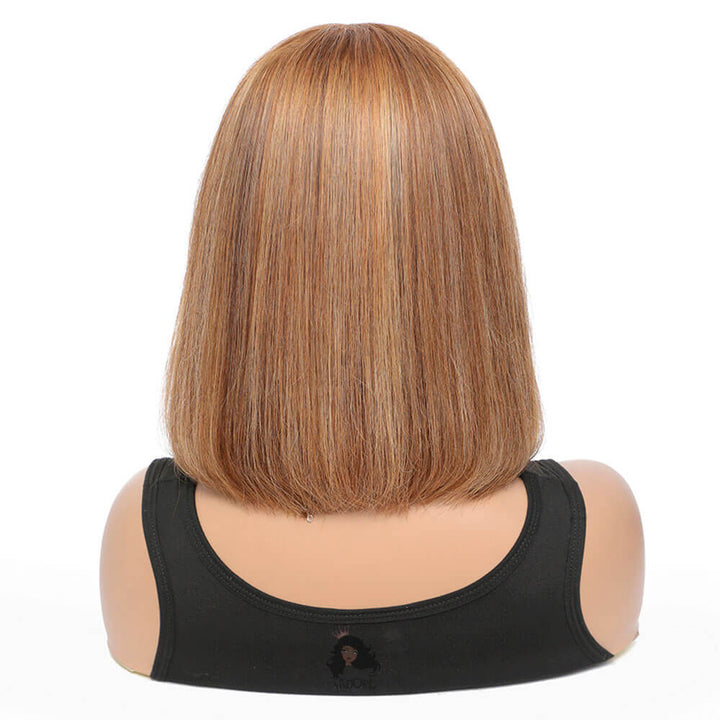 Highlight Bob Wigs, Short Straight Human Hair Lace Front Wig Color 4-27
