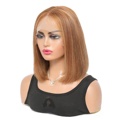 Highlight Bob Wigs, Short Straight Human Hair Lace Front Wig Color 4-27