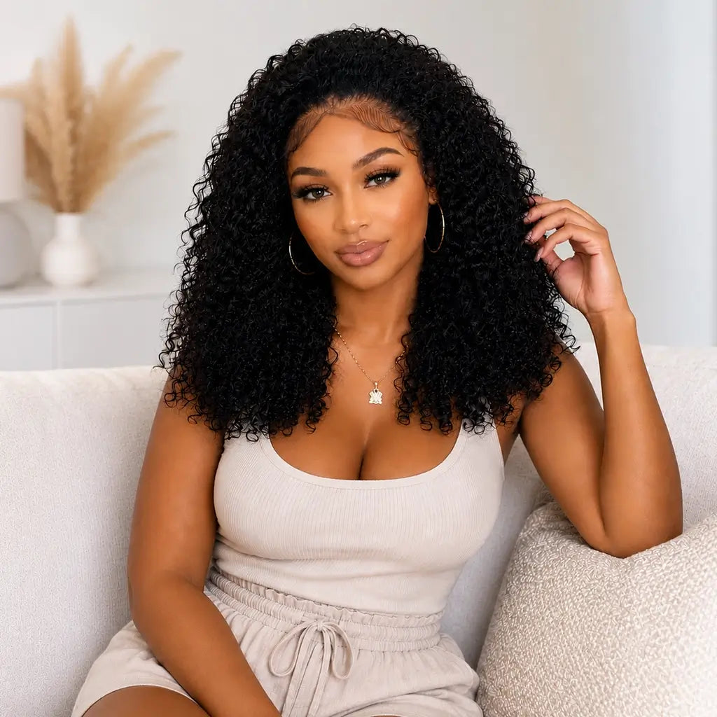 Jerry Curly Wig Human Hair Natural Black on African American Woman with Defined Curls and Natural Hairline