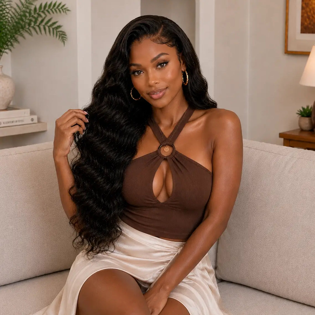 African American woman wearing a long body wave 5x5 HD closure wig with natural black human hair, soft body wave texture, realistic hairline