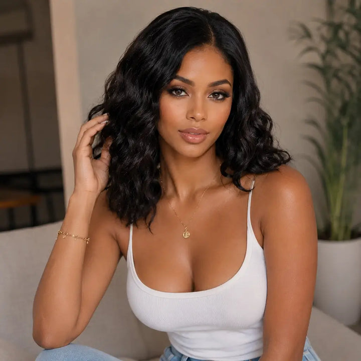 Beautiful woman wearing a natural wave bob wig made of human hair featuring soft black waves, lace front hairline, shoulder length bob cut, and natural everyday styling.