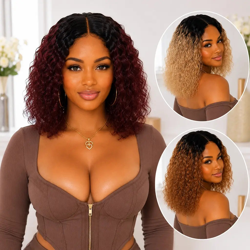 Ombre Curly Bob Wig Human Hair with 1B 99J Burgundy, 1B 27 Honey Blonde and 1B 30 Auburn Color Options