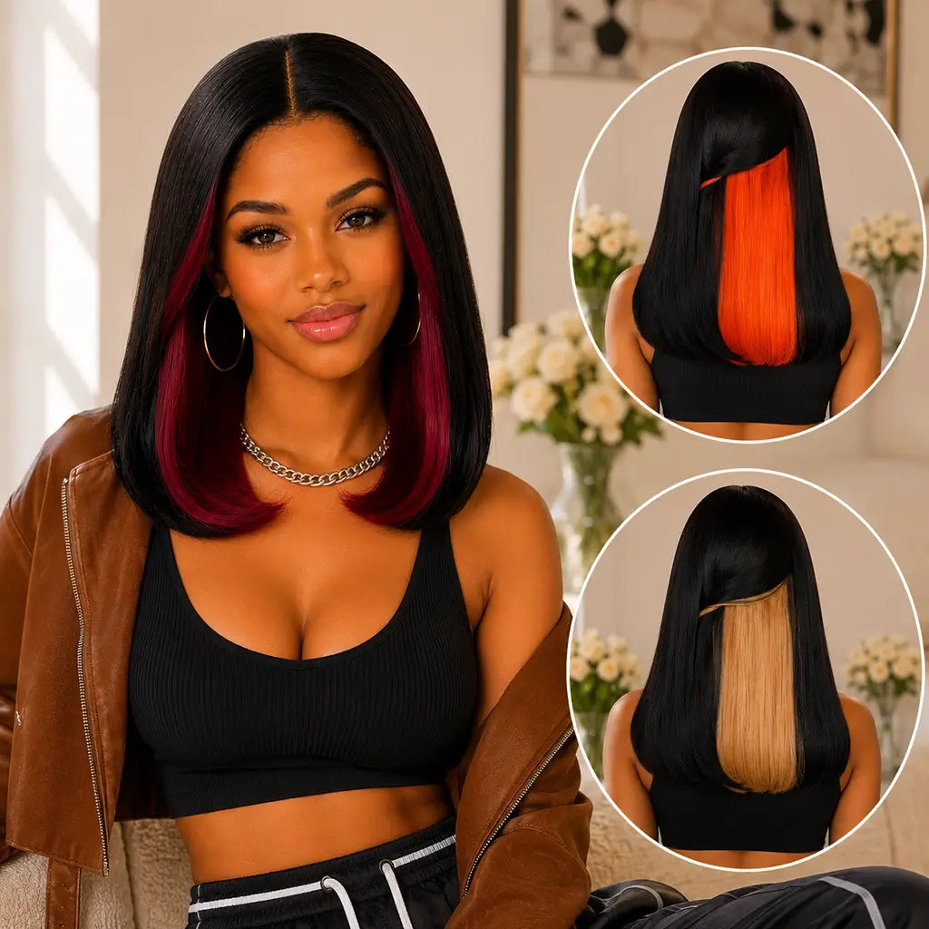 Stylish human hair peekaboo bob wig with hidden color highlights available in 1B 99J, 1B Orange and 1B 27 Blonde. 