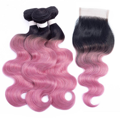 1B rose gold body wave 3 bundles with lace closure (colored hair with black roots) 