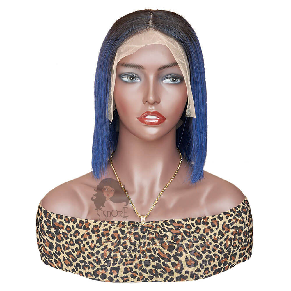 1b/blue two tone ombre color short human hair straight bob lace front wig with black roots