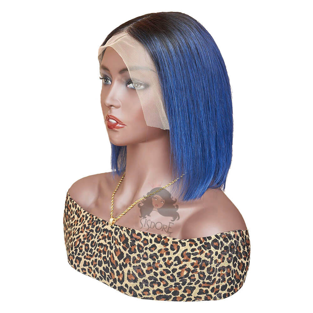 1b/blue two tone ombre color short human hair straight bob wig with black roots