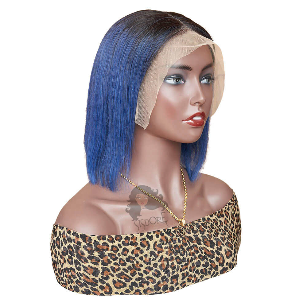 1b/blue two tone ombre color short human hair straight bob wig with black roots