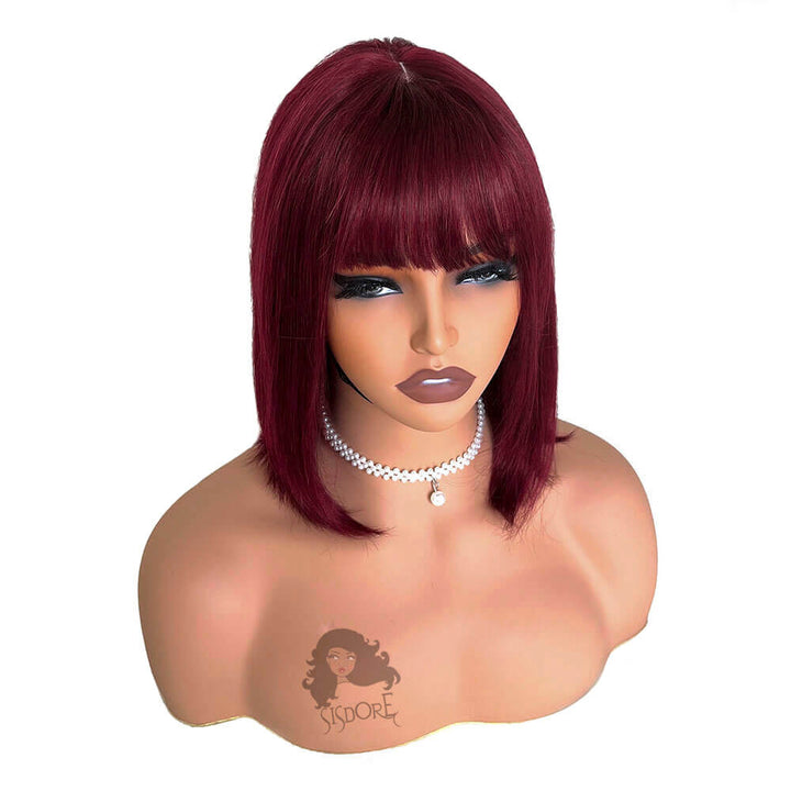 99j burgundy straight short hair bob wig with bangs #color_burgundy-bob